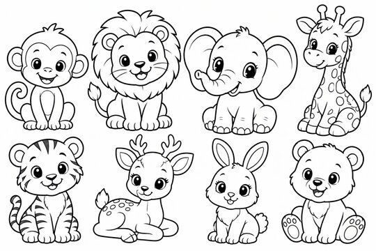Cute cartoon animal characters collection for kids coloring book page line art design