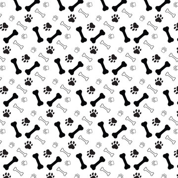 Seamless pattern of black paw prints and   black bones with black outlines on a white background. Pet-themed repeating design suitable for animal care backgrounds, wallpaper and textile design.