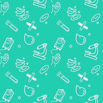 A seamless pattern with blood test tubes and a microscope with red blood cells. Perfect for textiles or clinic design.