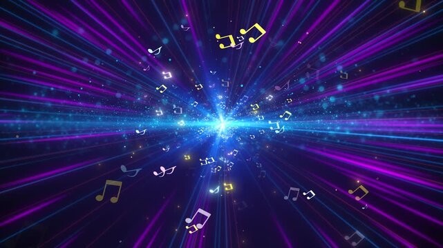 Colorful musical notes fly outward from cyan light rays streak background. for music videos, concert promos, branding, nightclub screens, festival intros, podcasts, radio and entertainment graphics.