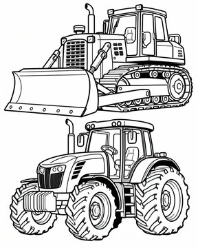 Black and white line art illustration of a heavy bulldozer and a farming tractor