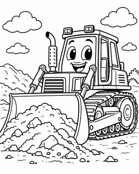 Cute cartoon bulldozer character pushing dirt for coloring book page