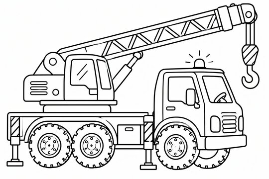 Mobile crane truck vehicle icon in black and white line art style
