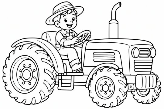 A farmer driving a tractor in a simple black and white line drawing