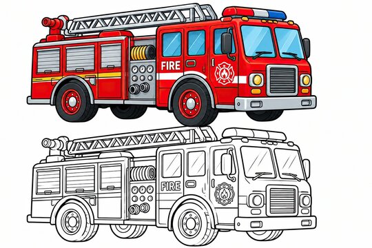 A bright red fire truck vehicle illustration with a black and white outline version