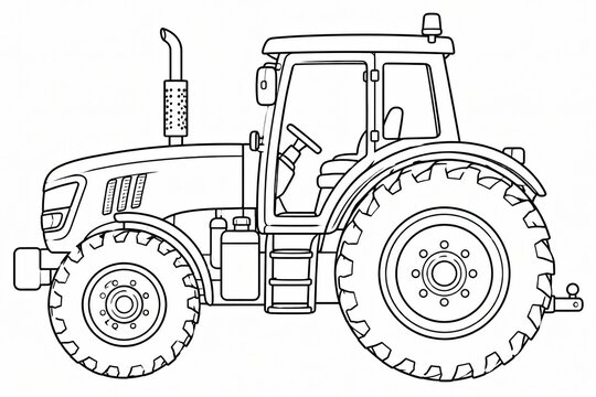 Black and white line art illustration of a heavy farm tractor vehicle