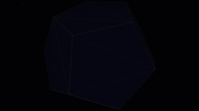 Minimalist Abstract Rotating 3D Geometric Polyhedron with Glowing Dashed Line Wireframe Edges and Subtle Particle Effects on a Dark Black Background, Ideal for Technology and Science Concepts