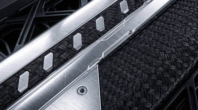 Detailed close up of advanced sci-fi machinery featuring metallic plating and woven composite materials in dark industrial style