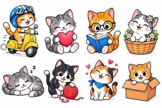 Set of cute pixel art cats doing various fun activities and hobbies