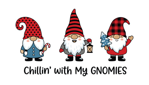 Cute Christmas gnomes vector illustration with Chillin with my Gnomies holiday text candy cane and lantern
