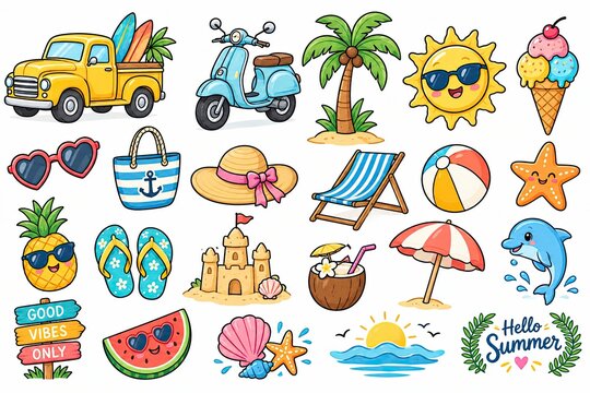 Set of cute pixel art summer vacation icons for beach holiday design