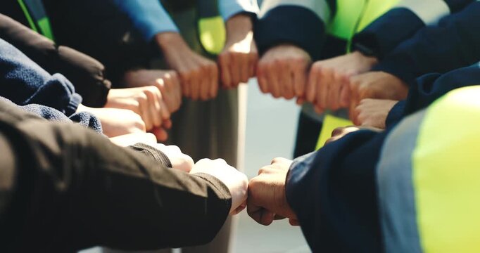 People, construction and meeting with fist bump in huddle for teamwork, unity or solidarity on site. Group, hands or contractor with circle, trust or support for community mission or building project