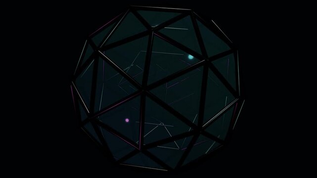 Abstract 3D geometric geodesic sphere with glowing particles and data lines rotating in dark digital space, futuristic sci-fi motion graphic for technology, cyber security, and networking concepts.