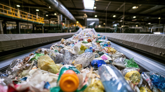 A conveyor belt filled with various types of waste materials, including plastic bottles and packaging, in a recycling facility. The environment is industrial and busy.