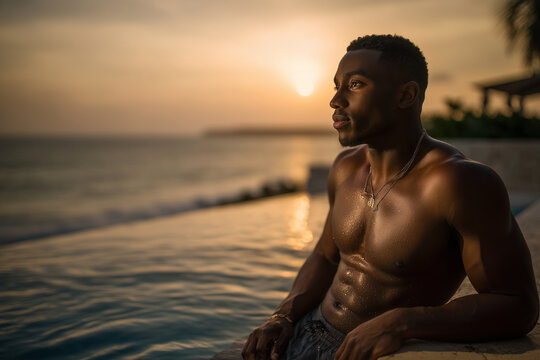 Handsome African American Shirtless Man Relaxing By Infinity Pool At Sunset Looking At Ocean