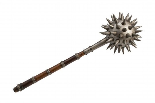 Old medieval metal mace weapon with a wooden handle and sharp spikes