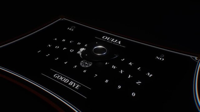 Minimalist black spirit board displays glowing white typographic letters and moving planchette in a cinematic dark 3D motion scene