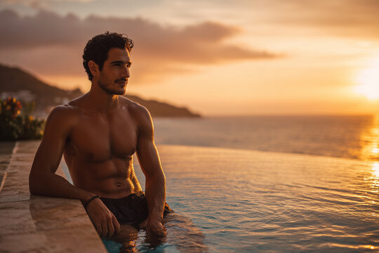 Handsome Shirtless Man Relaxing By Infinity Pool At Sunset Looking At Ocean