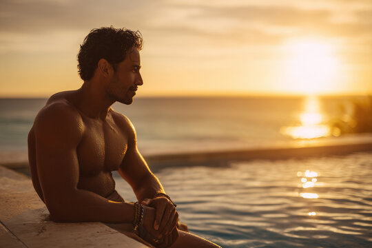 Handsome Shirtless Man Relaxing By Infinity Pool At Sunset Looking At Ocean
