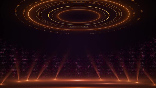 Golden rings hover futuristic event stage magenta pixel lights, orange spotlights, center text. global award shows, concerts, esports, product launches, corporate events, fashion promos, broadcast