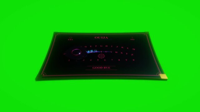 Mystic talking board with glowing planchette and magical particle trail isolated on green screen in a 3D animation