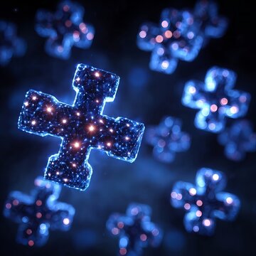 Abstract Medical Background with Glowing Blue Plus Signs for Healthcare Technology and Science Theme