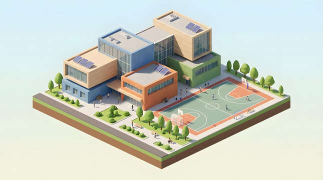 Isometric school building with outdoor basketball court.