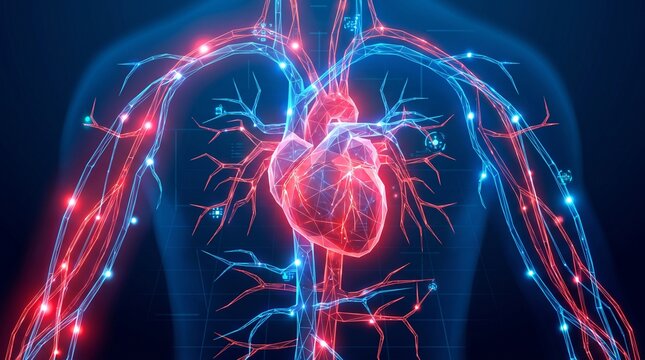 Futuristic human heart anatomy with glowing circulatory system, medical digital interface of veins and arteries, red and blue cardiovascular health