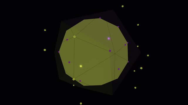 Abstract 3D rotating purple and yellow geodesic sphere with glowing nodes and connecting lines on a black background, representing a digital network, data science, or futuristic technology concept