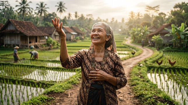 Smiling senior asian woman wearing traditional batik shirt holding hand up during sunset at a rural rice field