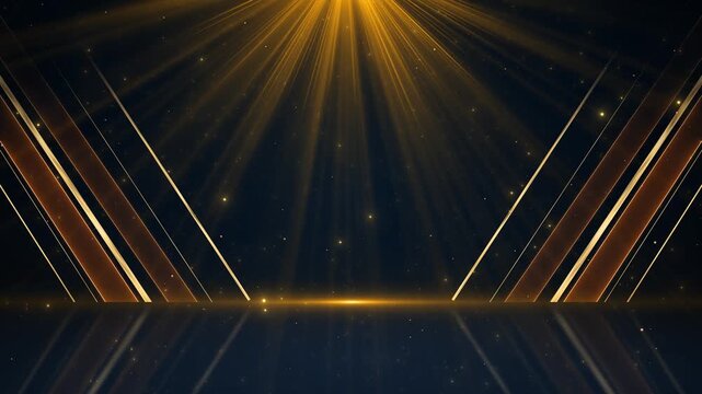 Dark luxury presentation stage diagonal gold overhead rays, subtle stars, glossy floor. premium product displays, award ceremonies, corporate launches, fashion campaigns, jewelry ads, elegant titles.