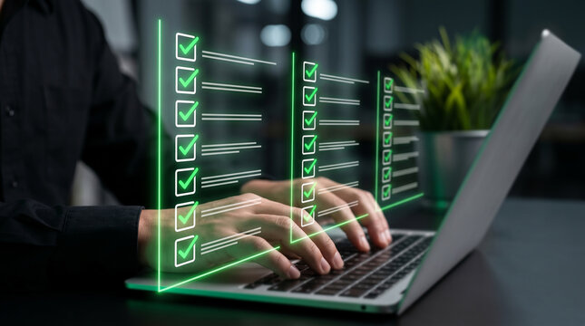 Digital questionnaire and online testing platform featuring person completing a virtual checklist on laptop for exams, surveys, feedback responses, and data collection