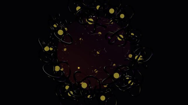 Abstract 3D motion graphic of golden glowing spheres and glossy black tangled wire loops representing microscopic atoms, molecular structures, or neural networks in a dark cinematic void background