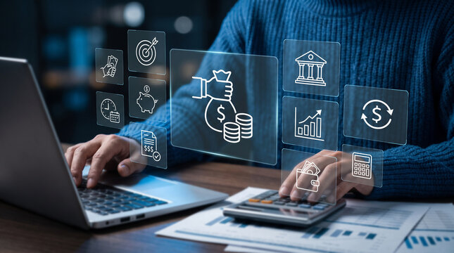 Personal budgeting and financial control technology, woman managing expense tracking, savings, investments, payment planning, and financial reports on a digital laptop interface