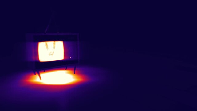 Retro monitor with glowing static skull face and warm spotlight on floor in a 3D motion background