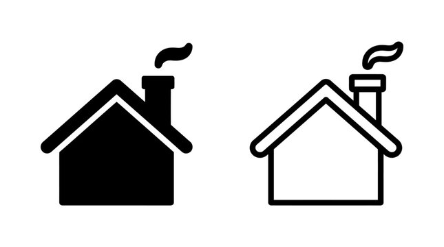 Set of black silhouette and outline house icons with a smoking chimney