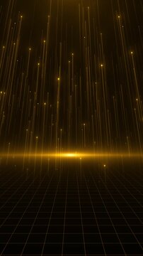 Gold particles fall reflective wire grid, forming data landscape with open space. for fintech, blockchain, innovation, corporate branding, product launches, broadcast titles, cinematic backgrounds