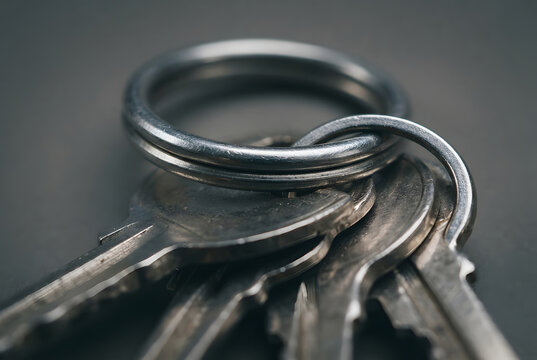 &bull;	Close-up macro of a metal split key ring holding a collection of steel keys