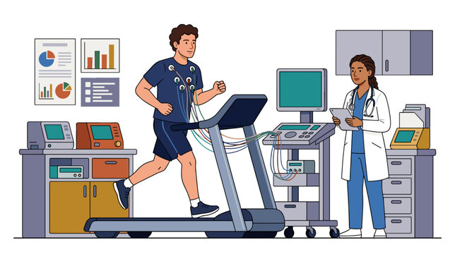 Middle aged man undergoing treadmill cardiac stress test with female cardiologist in medical clinic concept of preventive screening and heart health