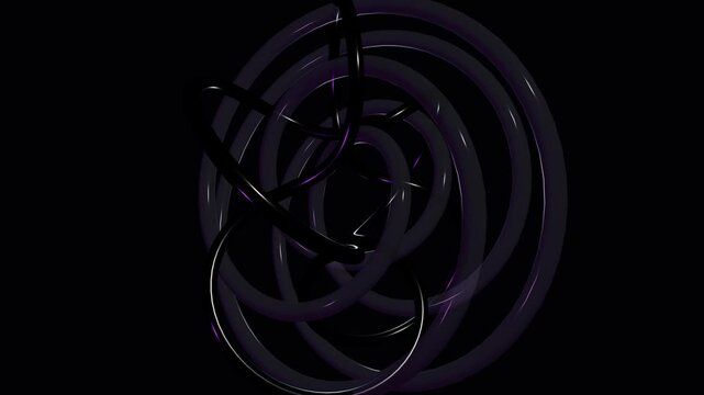Abstract 3D motion graphics animation featuring glossy interlocking rings and torus shapes with vibrant purple neon light streaks on a deep black background, futuristic geometric concept.