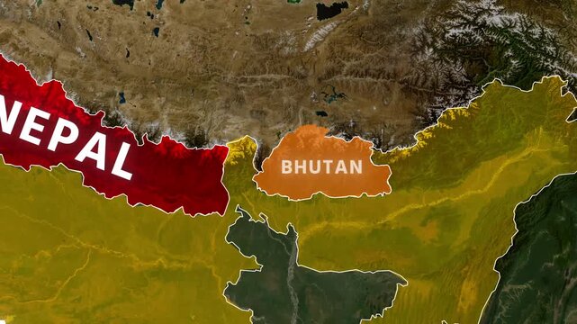 India Nepal Bangladesh Bhutan & Myanmar geographic map location highlighted on digital motion footage