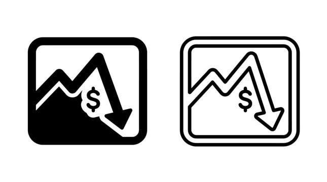 Square frame icons with downward dollar graph showing financial drop