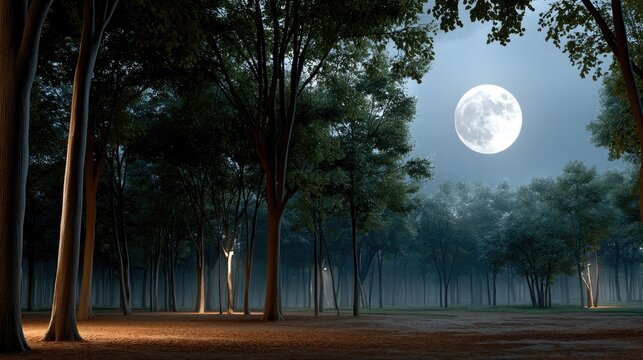 A bright moon casts silver light over a tranquil forest path, creating soft shadows among the tall trees on a calm night