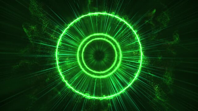 Green energy rings pulse radial beams and glowing particles expand scene. gaming intros, science visuals, music equalizers, technology interfaces, logo reveals, cyber themes, futuristic transitions.