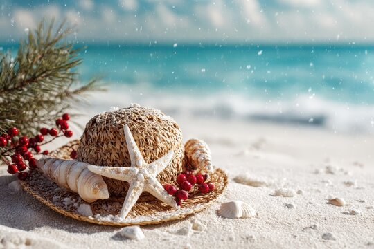 Starfish, shells, and berries rest on a woven hat, creating a coastal Christmas theme. Turquoise ocean and wintery snow complete the festive beach scene