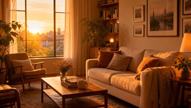 Bedroom Interior with Comfortable Bed, Sofa, Armchair, Elegant Furniture, Soft Lighting, Window and Stylish Decor in a Modern Room
