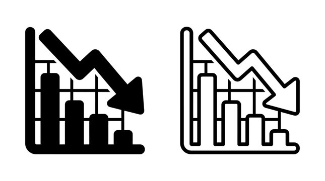 Set of bar chart icons showing a financial downward trend in black