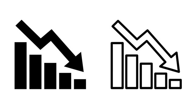 Black and white vector icons of bar charts with a downward trending arrow
