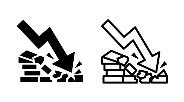 Declining financial graph icon set showing downward arrow and crashing