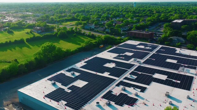 Warehouse solar installation shot from above, versatile energy, logistics and ESG coverage.